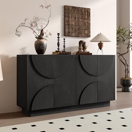 Amposei Modern Vintage Arched Door Buffet Sideboard, 56’’W Credenza Storage Cabinet with Adjustable Shelves & Cable Management, Media Console Accent Cabinet for Living Room Hallway Dining, Black | Amazon (US)