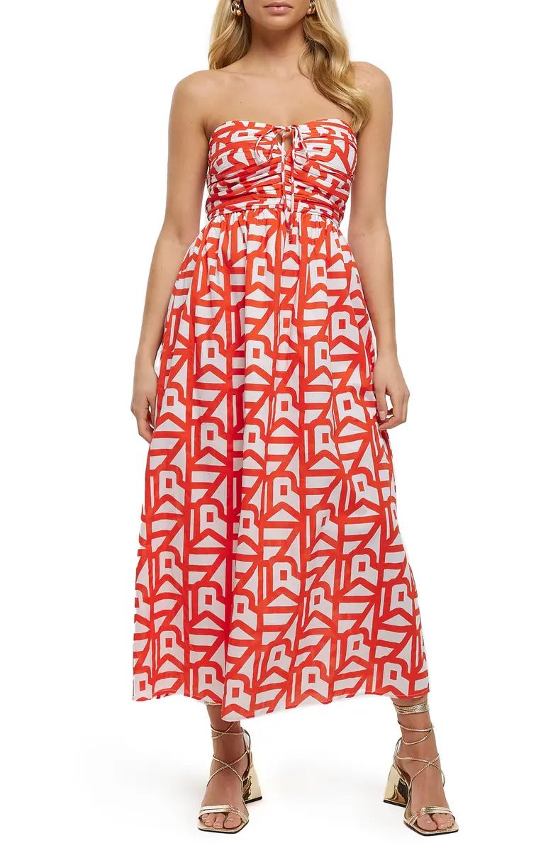 A geometric pattern lends vibrant color to this strapless midi dress crafted from breathable cott... | Nordstrom