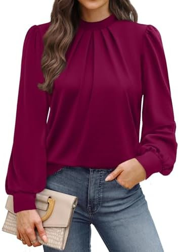 WIHOLL Long Sleeve Shirts for Women Mock Neck Tops Pleated Front Blouses Dressy Casual Spring Fal... | Amazon (US)