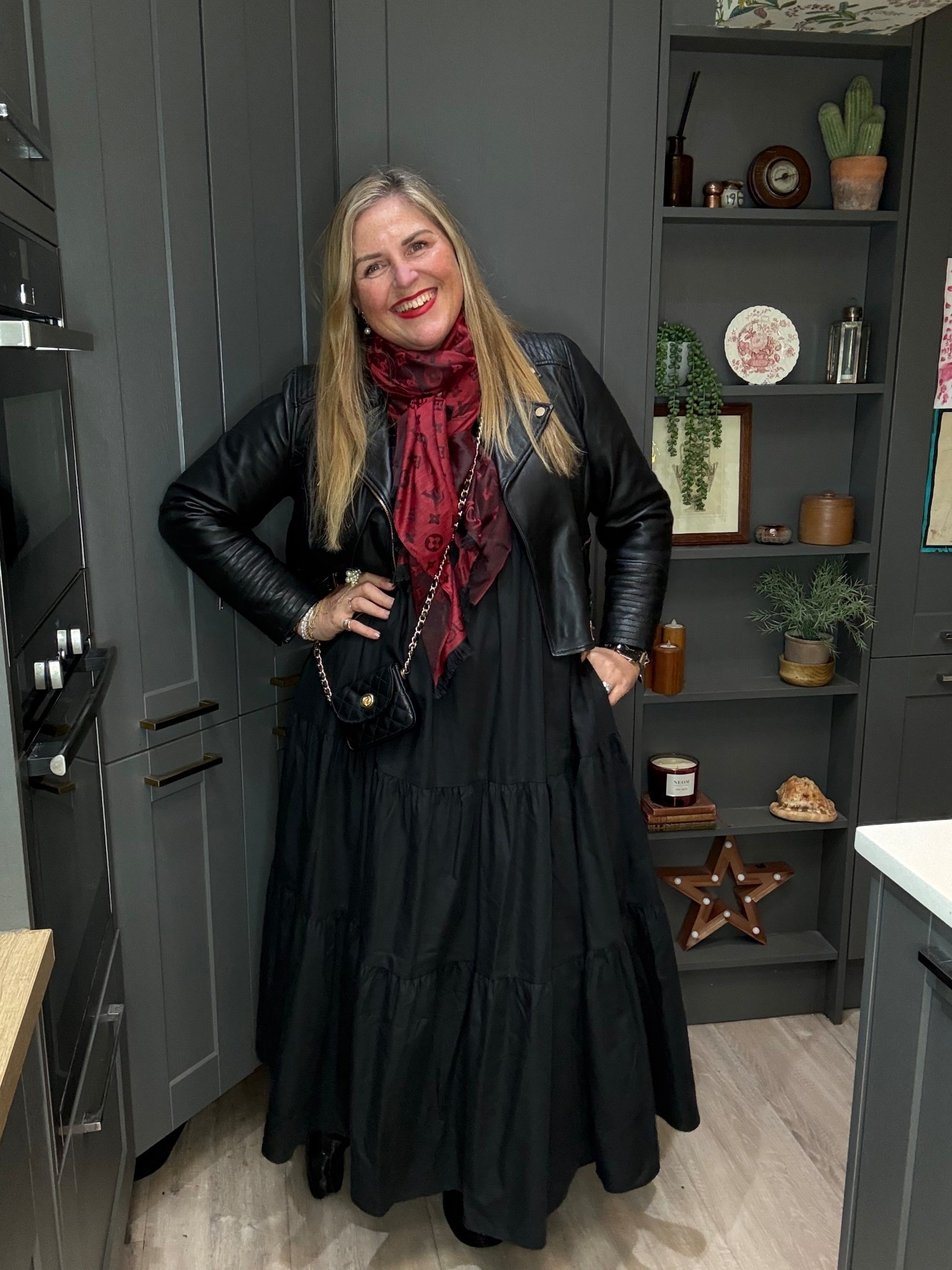 Black dress, leather jacket, red scarf, black bag, black loafers

#LTKplussize #LTKdatenight #LTKdresses