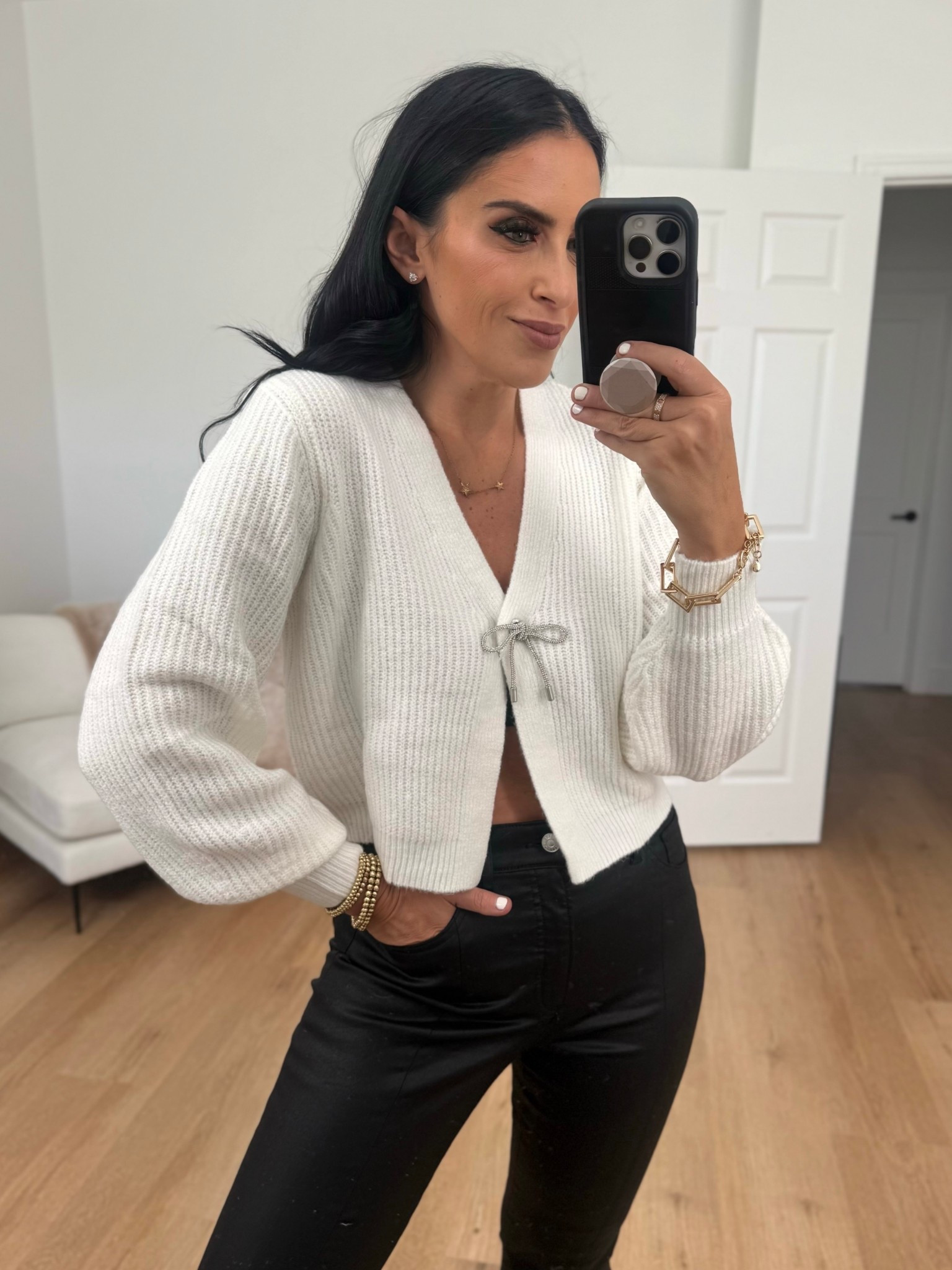  No Boundaries Bow Cardigan wearing size medium only $14.
