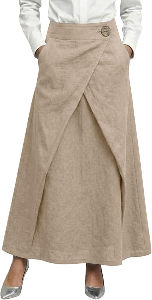 Womens Wrap Maxi Skirt High Waisted A Line Long Bottom with Pockets Casual Western Cotton Linen B... | Amazon (US)