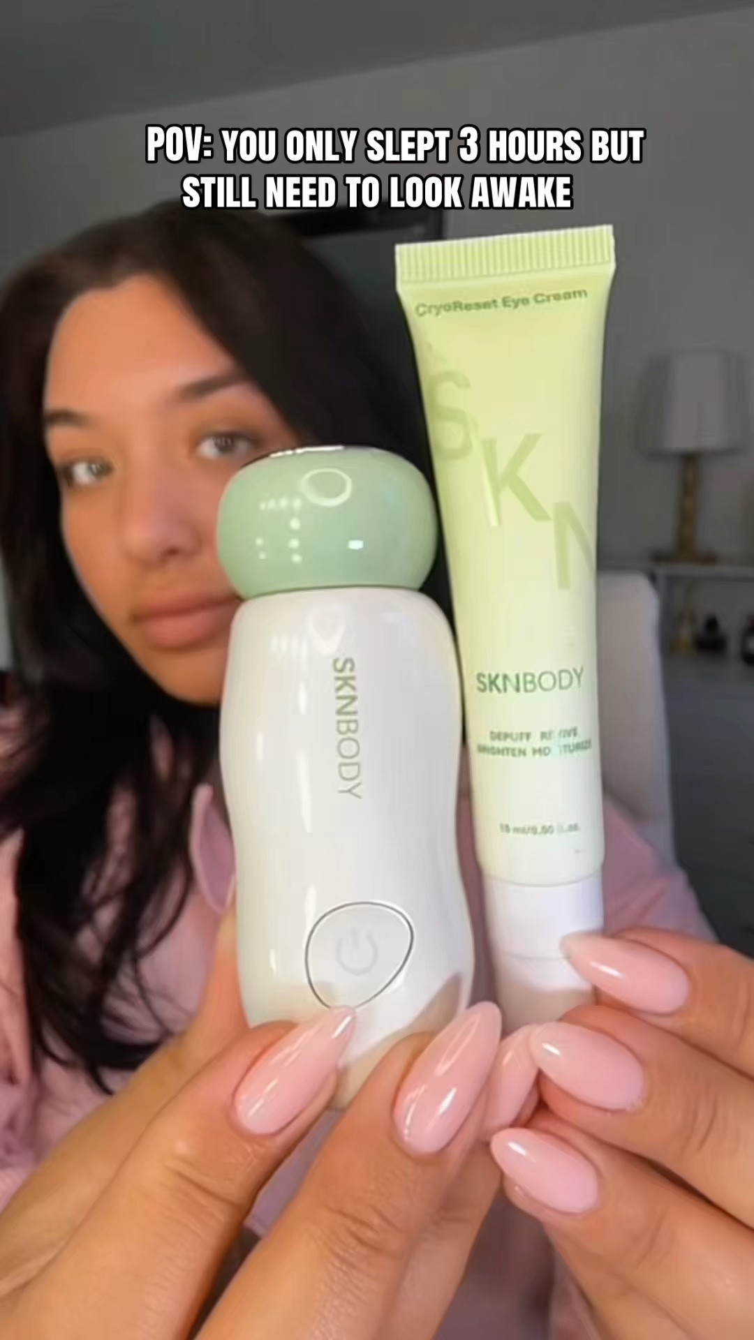 POV: you need to look awake in under 3 minutes ❄️ this cooling eye wand + cream combo instantly makes my under eyes look so much more refreshed and depuffed. literally feels like an ice cube on your skin without the mess. #ad #sknbody #cryoreset #cryoreseteyeduo #tokbeauty #sknbody_uk #beautytok #grwm