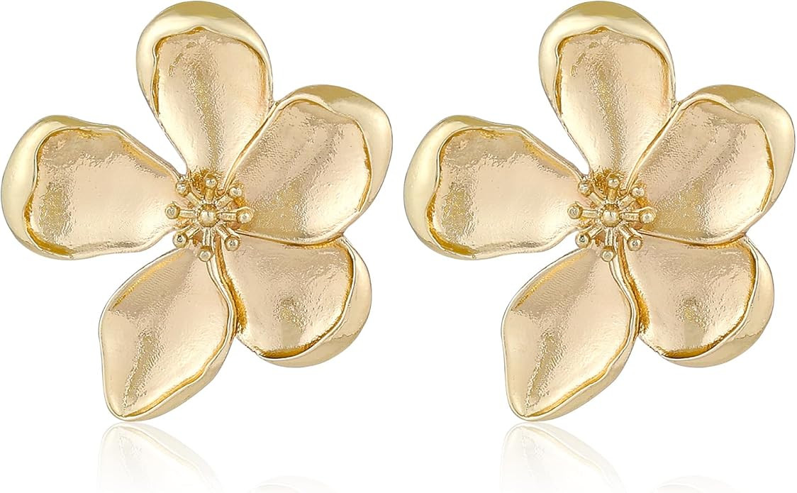 Gold Flower Earrings Large Flower Stud Earrings Flower Statement Earrings Chunky Floral Earrings ... | Amazon (US)