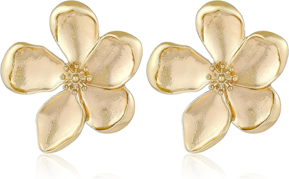 Gold Flower Earrings Large Flower Stud Earrings Flower Statement Earrings Chunky Floral Earrings ... | Amazon (US)