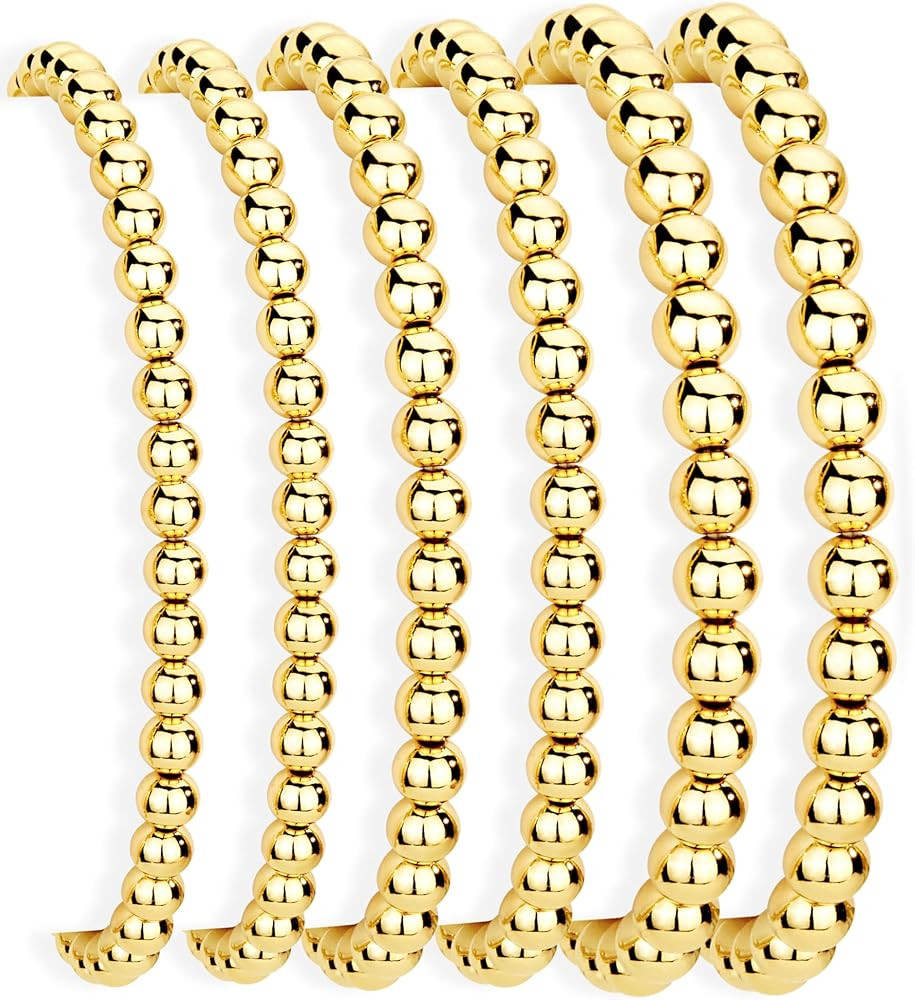 Gold Beaded Bracelet for Women Stackable, Waterproof 14K Gold Plated Strand Bead Ball Bracelet St... | Amazon (US)