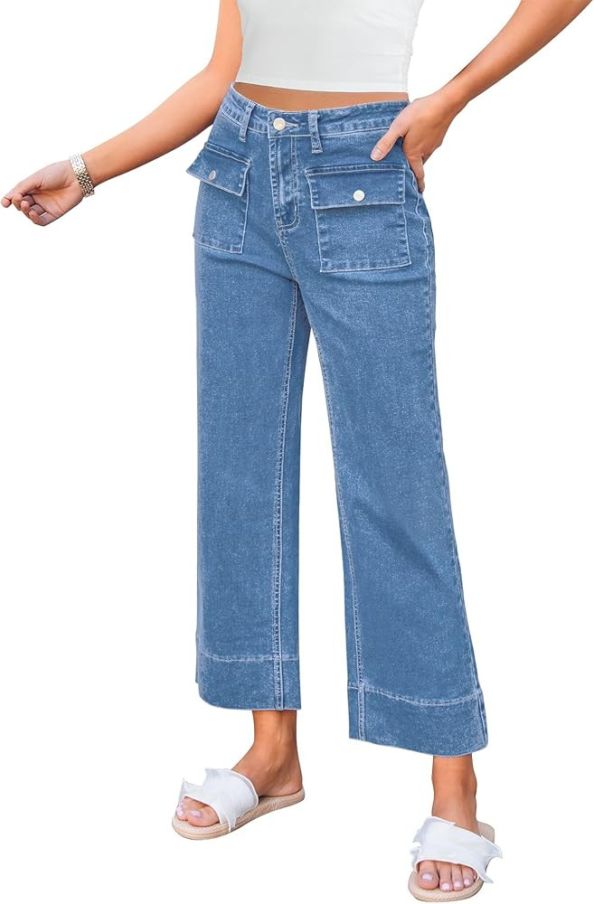GRAPENT Wide Leg Jeans for Women Trendy High Waisted Straight Leg Cropped Stretchy Denim Pants wi... | Amazon (US)