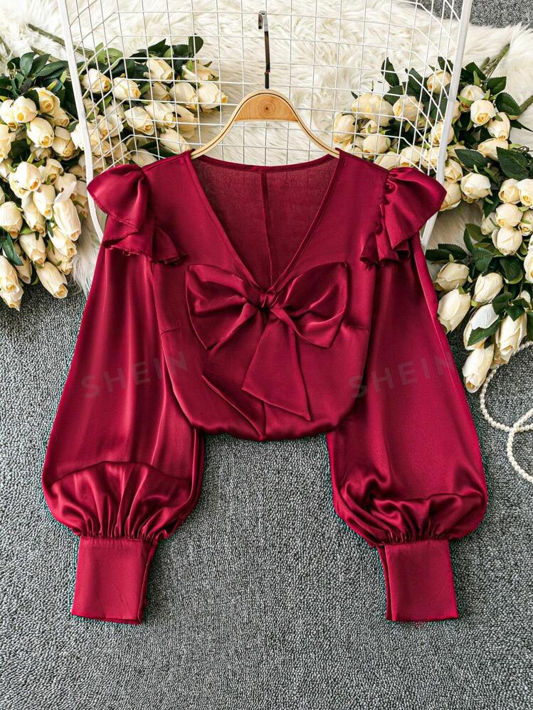 DreamSkyne Women's Solid Color Elegant Ruffle Lantern Sleeve Bow Loose Blouse | SHEIN