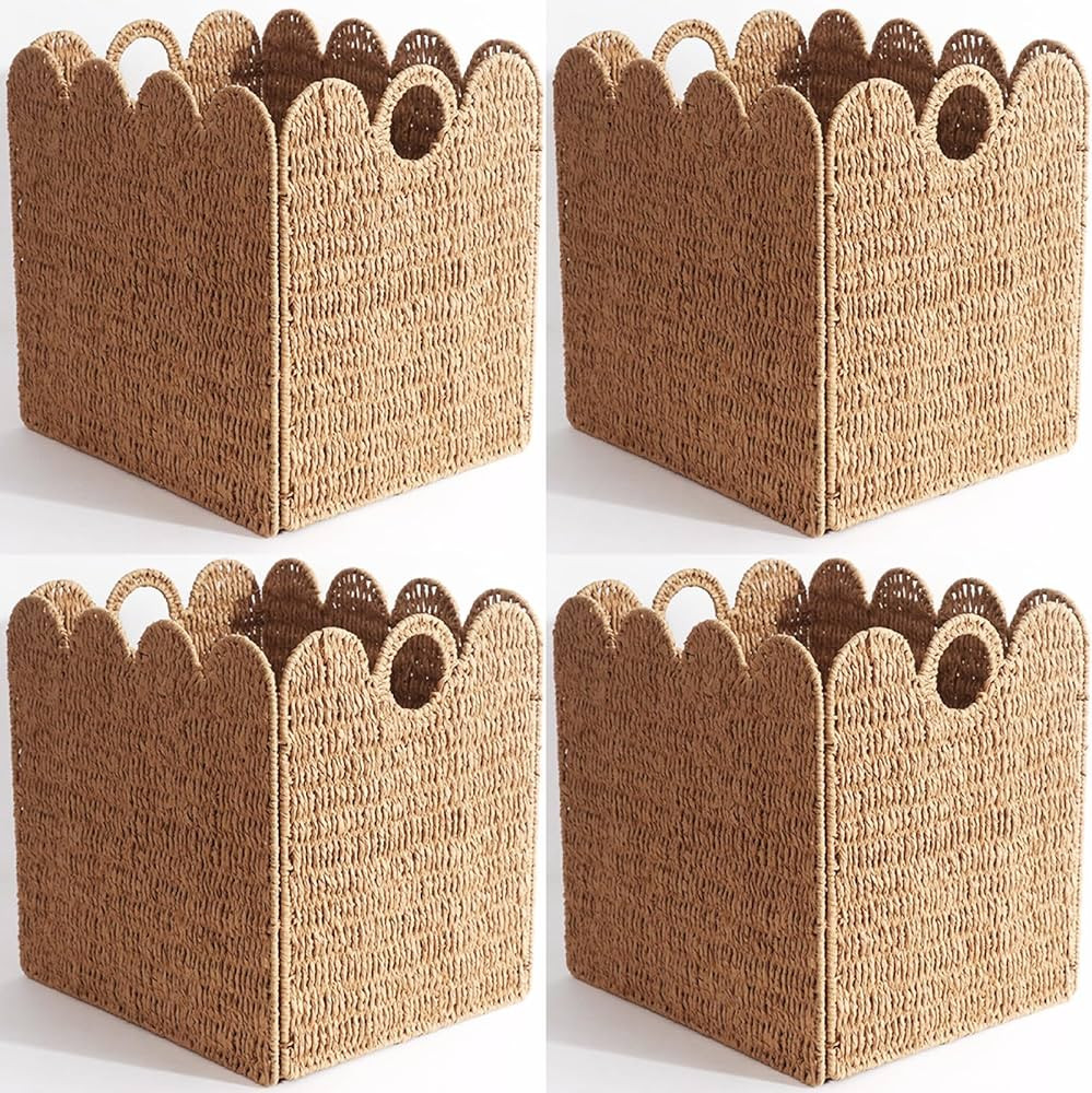 Scalloped Wicker Storage Cubes Basket, 12”x12“ Heavy Duty Paper rope/Hyacinth/Seagrass Basket... | Amazon (US)