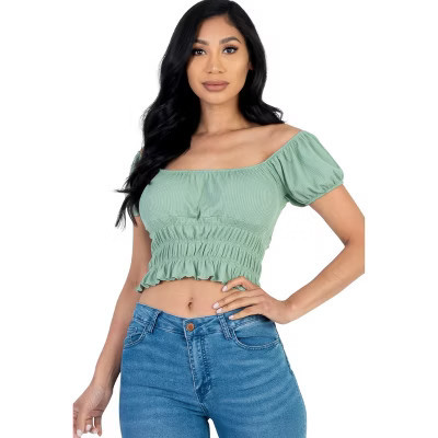 Slickblue Women's Ribbed Knit Puff Sleeve Top, Ruched Shoulder Detail, Short Sleeve Tee, Green Bay, Size S | Target