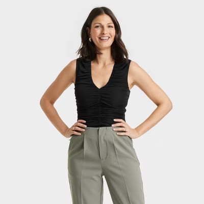 Women's Mesh Ruched Tank Top - A New Day™ Black XS: Recycled Polyester, V Neck, Pullover, Knit ... | Target