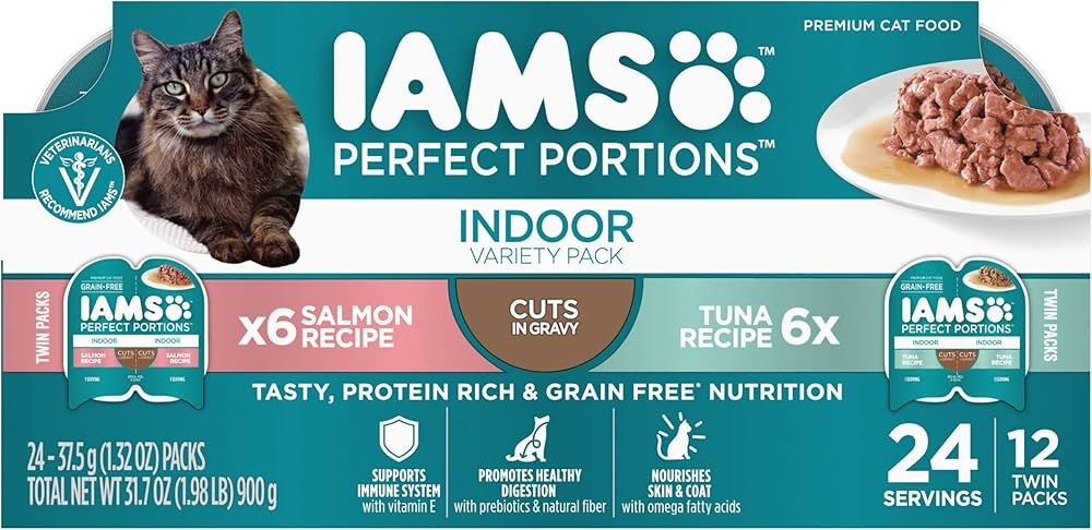Iams Perfect Portions Indoor Adult Grain Free Wet Cat Food Pate Variety Pack, Salmon and Tuna Rec... | Amazon (US)