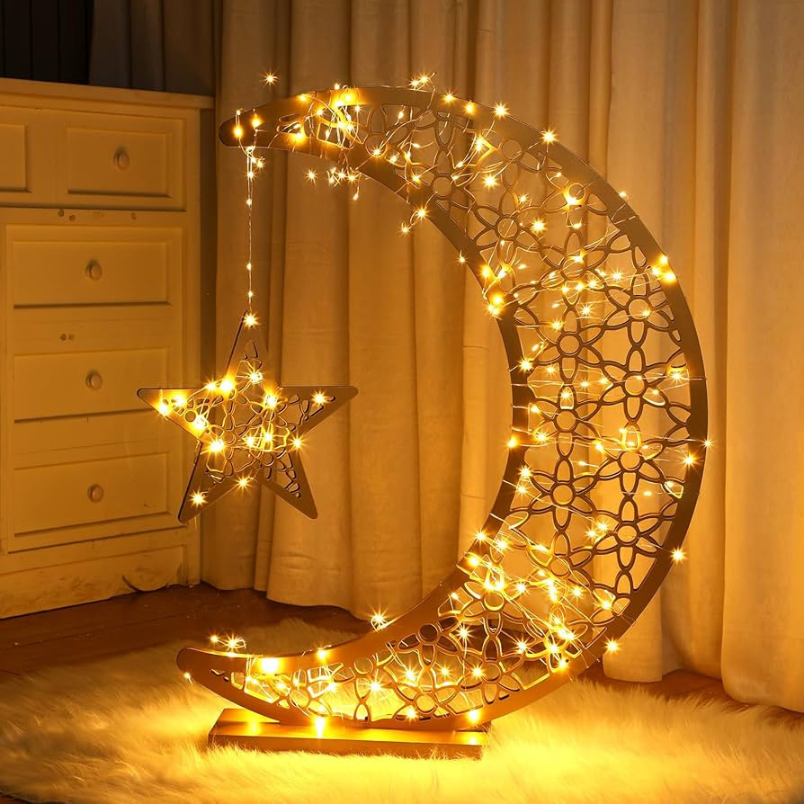 Tujoe Ramadan Decorations Lights for Home Wooden Crescent Moon and LED Star Stand Eid Crafts Ligh... | Amazon (US)