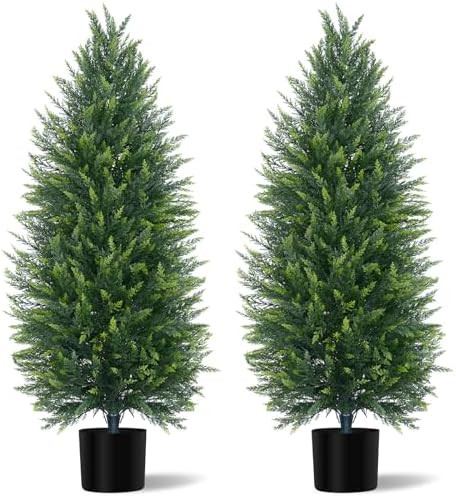 4FT Artificial Cedar Topiary Tree with Pot, Set of 2 Fake Evergreen Tree for Indoor Home Christma... | Amazon (US)