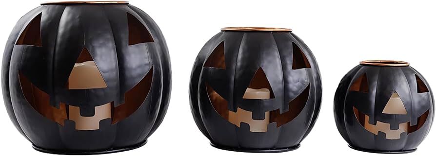 Halloween Metal Jack O Lantern Pumpkin Set of 3 with LED Candles with Black Creepy Cloth Decorati... | Amazon (US)