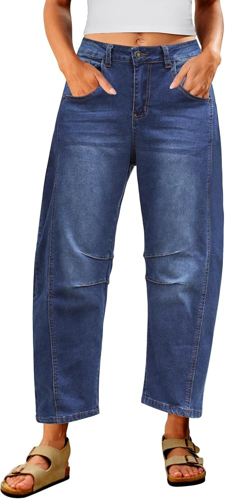 Utyful Barrel Jeans Women Cropped Baggy Trendy High Waisted Distressed Loose Stretch Denim Trouse... | Amazon (US)