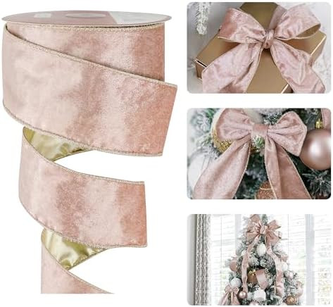 HUIHUANG Rose Gold Velvet Wired Ribbon with Gold Backing, Christmas Velvet Ribbon for Tree, Bows,... | Amazon (US)