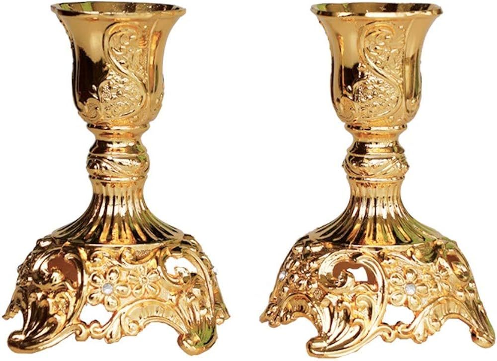JAZPlayer Gold Taper Candle Holders with Deluxe Engraved Design, Set of 2 Premium Gold Candlestic... | Amazon (US)