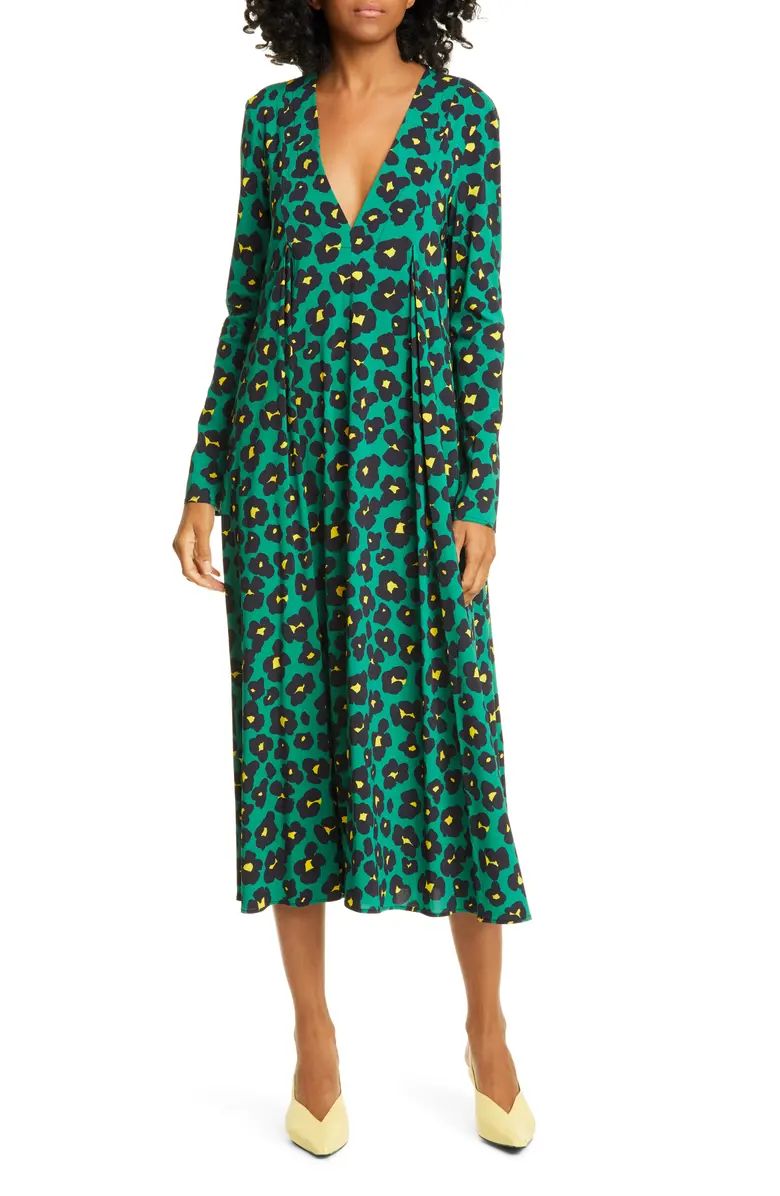Trapezio Leopard Floral Long Sleeve Midi Dress | Nordstrom