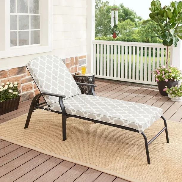 Mainstays Belden Park Cushion Steel Outdoor Chaise Lounge - Gray/White | Walmart (US)