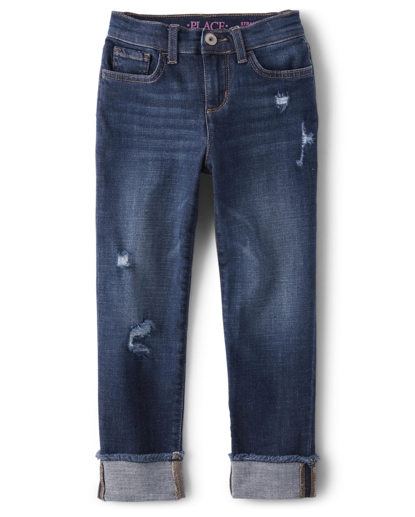 Girls Distressed Roll Cuff Straight Jeans - horizon wash | The Children's Place