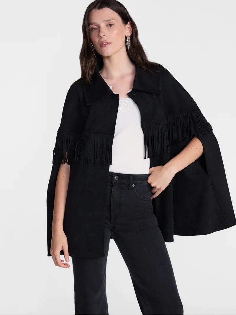 Scenario Women's Faux Suede Fringe Cape, Midweight, Sizes S-3XL | Walmart (US)