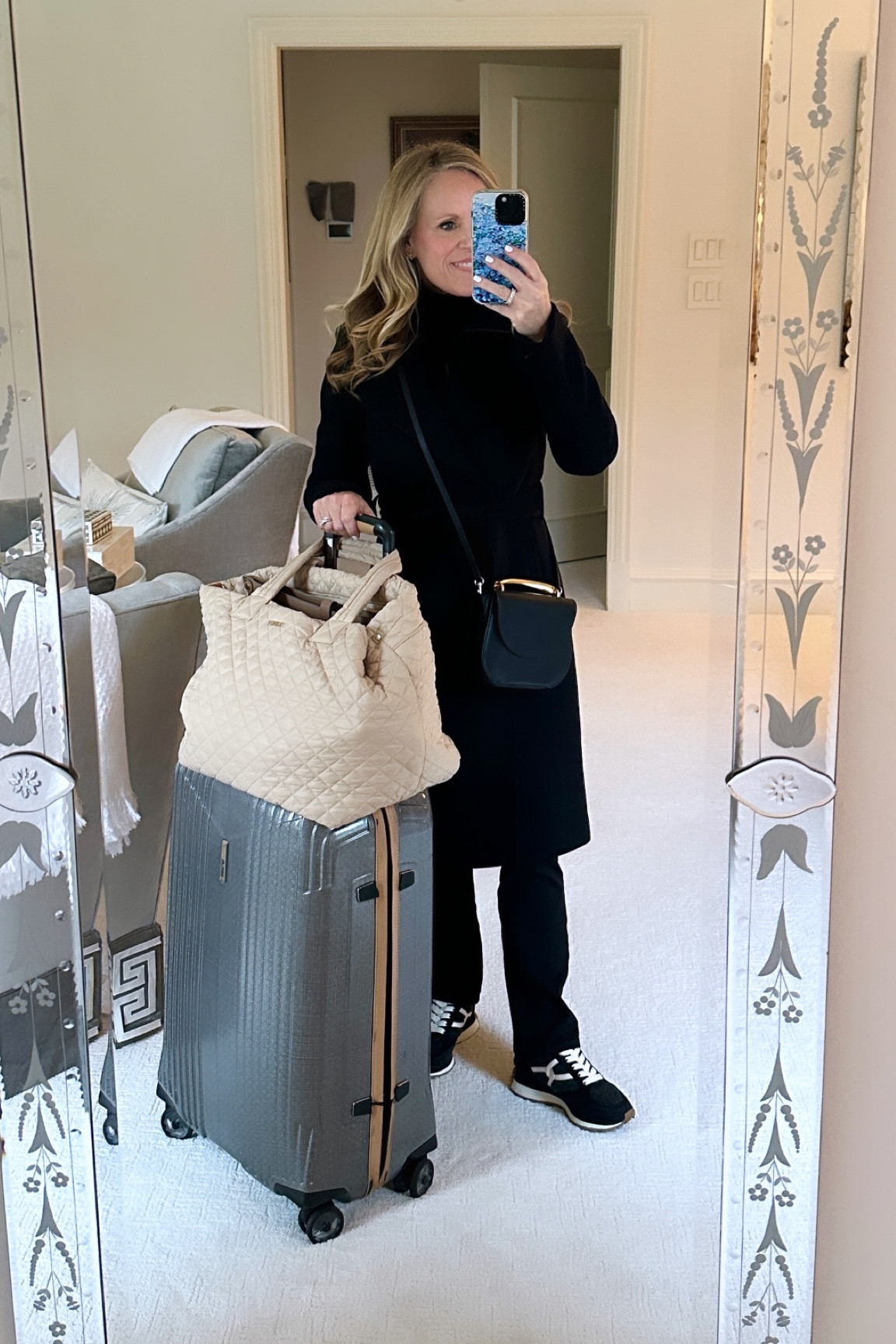 New York travel look 

Mackage black wool wrap coat with removable sweater vest insert 

Best travel pants Mersea black jeans
Cashmere sweater 
Veronica crate Valentina shearling and wool sneakers 

Mz wallace metro deluxe tote 

#LTKOver40 #LTKHoliday #LTKStyleTip