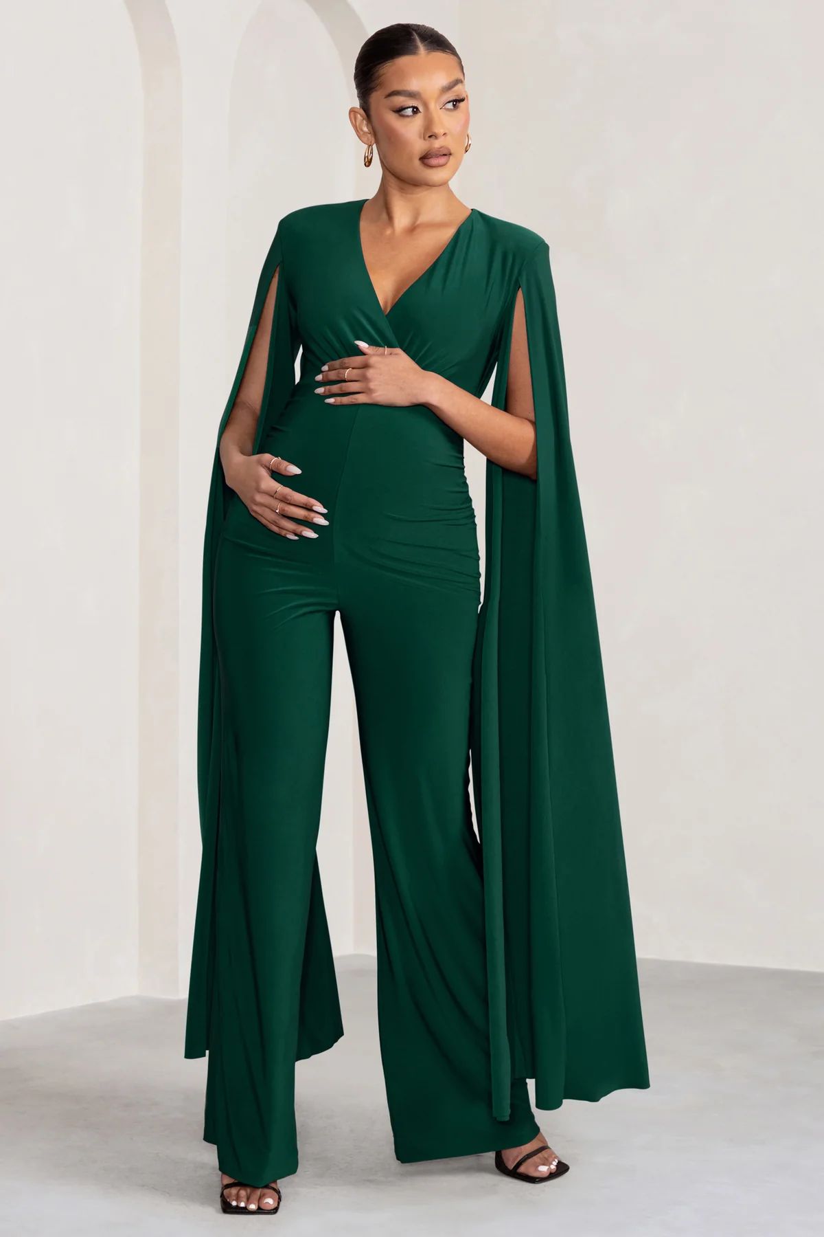 Triumph | Bottle Green Plunge Neck Maternity Jumpsuit with Cape Sleeves | Club L London