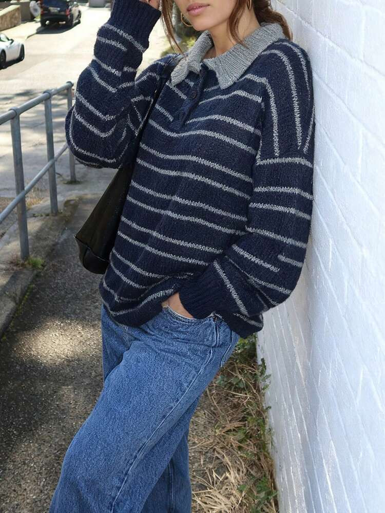 Fall Women Clothes Women Knit Tops, Long Sleeve T-Shirt Turn-Down Collar Loose Fall Striped Sweat... | SHEIN