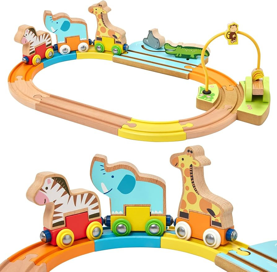 Train Set for Toddlers 18 Months+ Animal Wooden Train Set Toys for Toddler, Montessori Toys for 2... | Amazon (US)