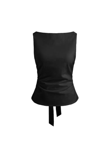 CIDER Shirts for Women Boat Neck Sleeveless Tank Top Linen Blend Solid Bowknot Regular Fit Blouses Woman Black | Amazon (US)