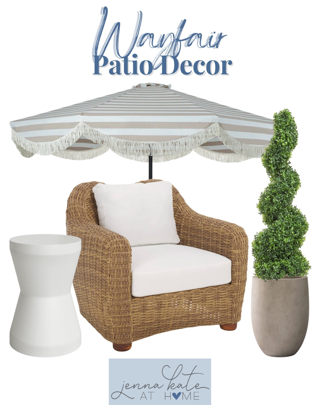 Wayfair patio decor includes outdoor wicker chair, planter, faux topiary, umbrella, and side table.

Home decor, outdoor decor, looks for less, patio decor

#LTKHome #LTKSeasonal #LTKSaleAlert