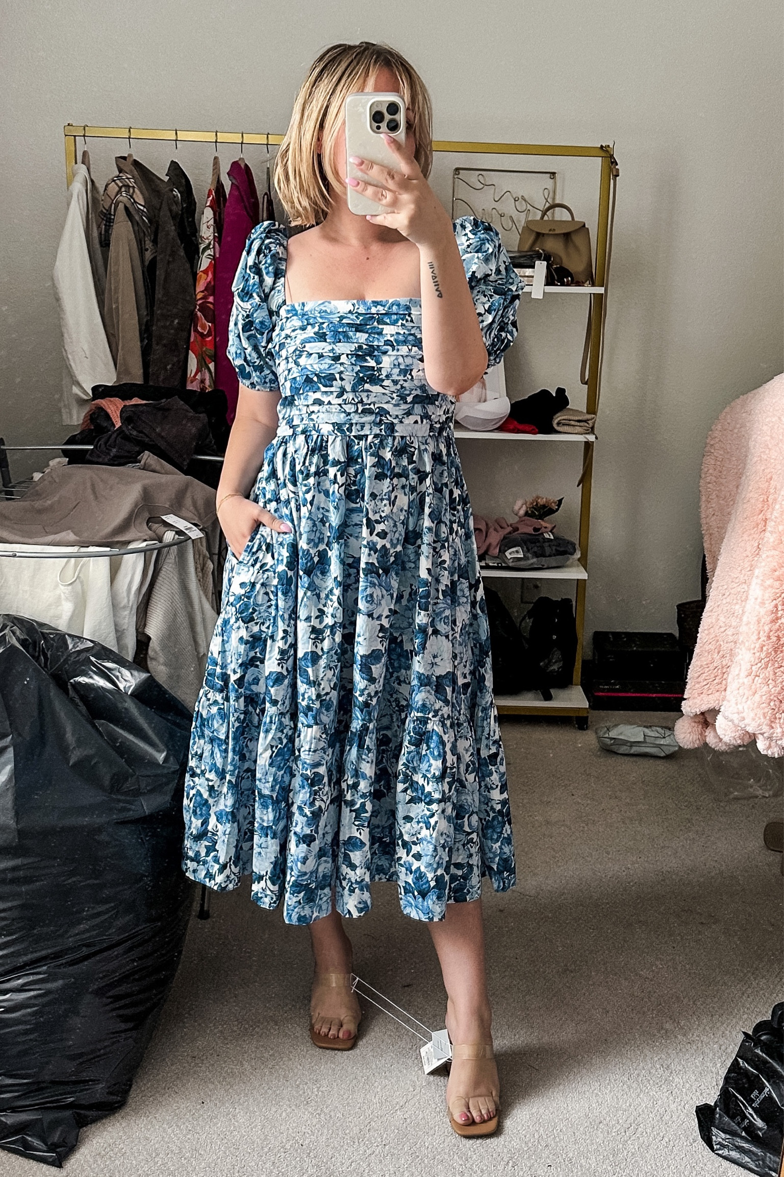 knee length dresses for ladies Light Blue Cotton Poplin Floral Smocked Midi Dress – PinkBlush main image 1