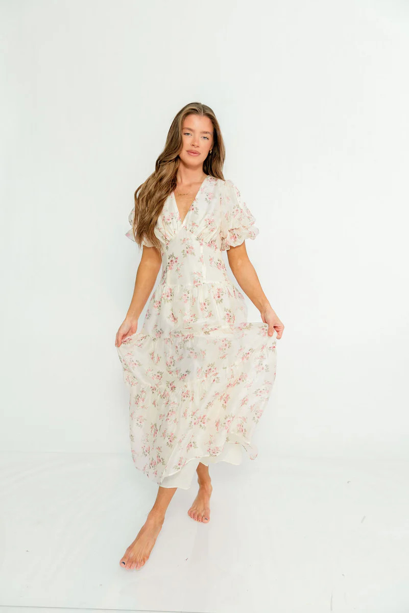Kels Puff Sleeve Tiered Midi Dress in Ivory/Pink Floral | Worth Collective