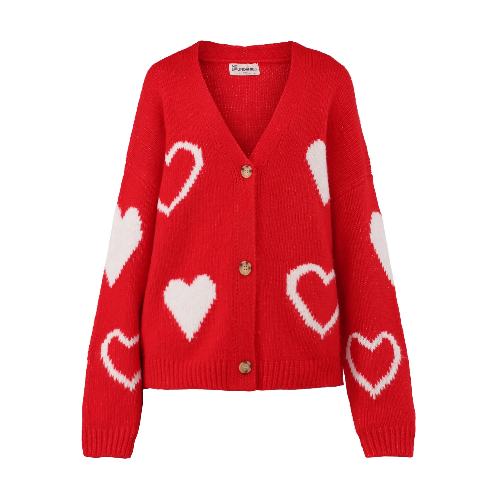 No Boundaries Button-Front Heart-Print Cardigan, Midweight, Women's and Women’s Plus Sizes XXS ... | Walmart (US)