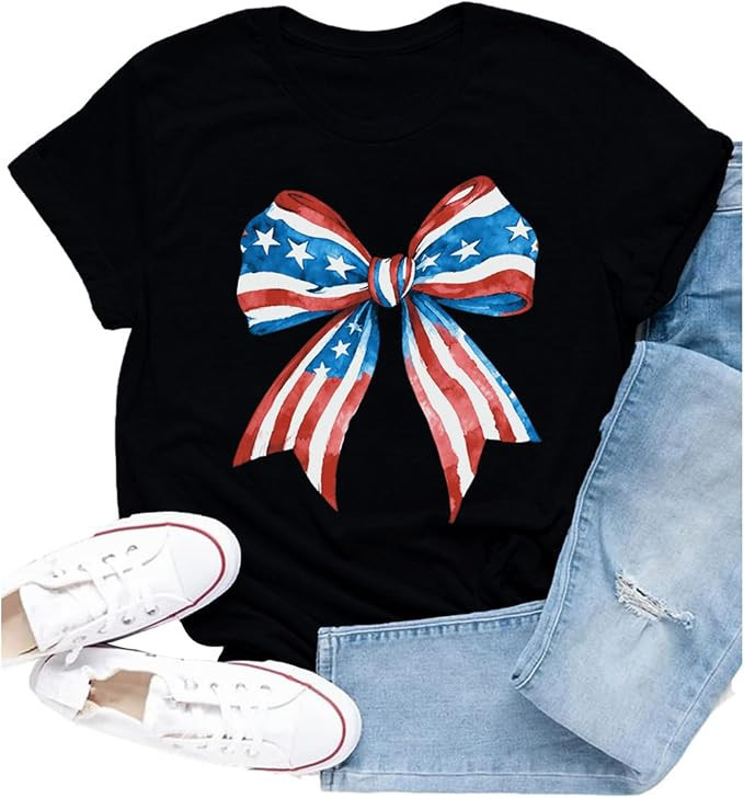 American Flag Shirt for Women USA Patriotic Bow T-Shirt 4th of July America Tee Tops | Amazon (US)
