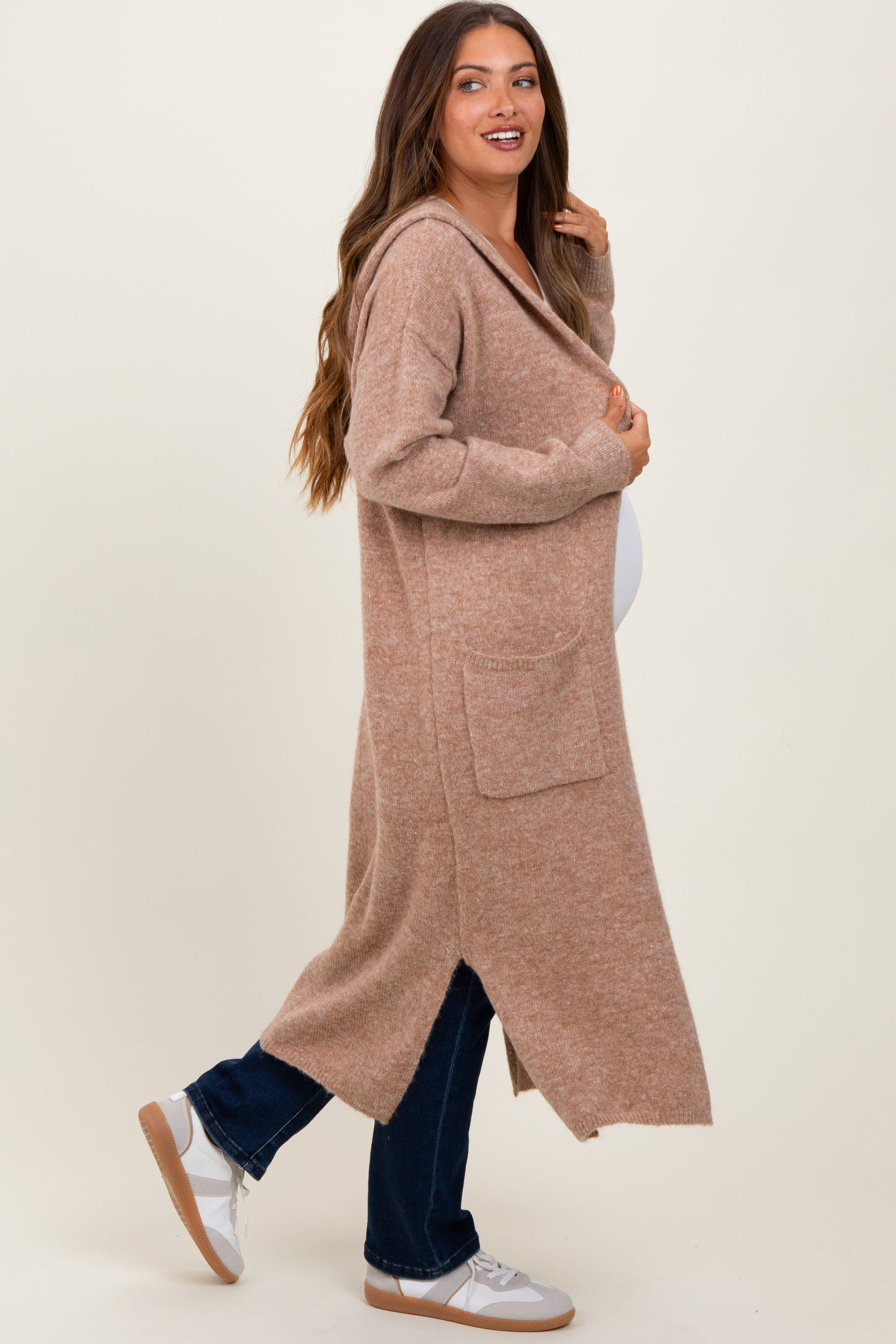 Camel Long Hooded Open Front Maternity Cardigan | PinkBlush Maternity