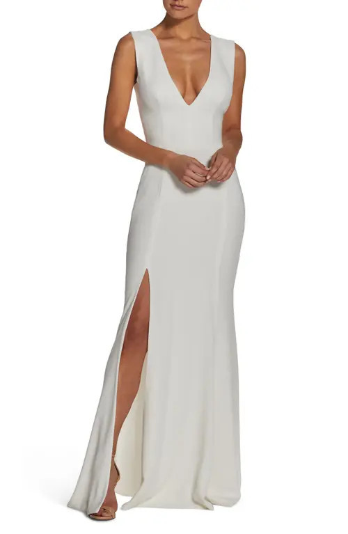 Dress the Population Sandra Plunge Crepe Trumpet Gown in Off White at Nordstrom, Size Large | Nordstrom