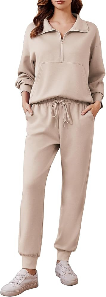 PINSPARK 2 Piece Sets for Women 2024 Fall Travel Outfits Long Sleeve Tracksuit Joggers Sets Half ... | Amazon (US)