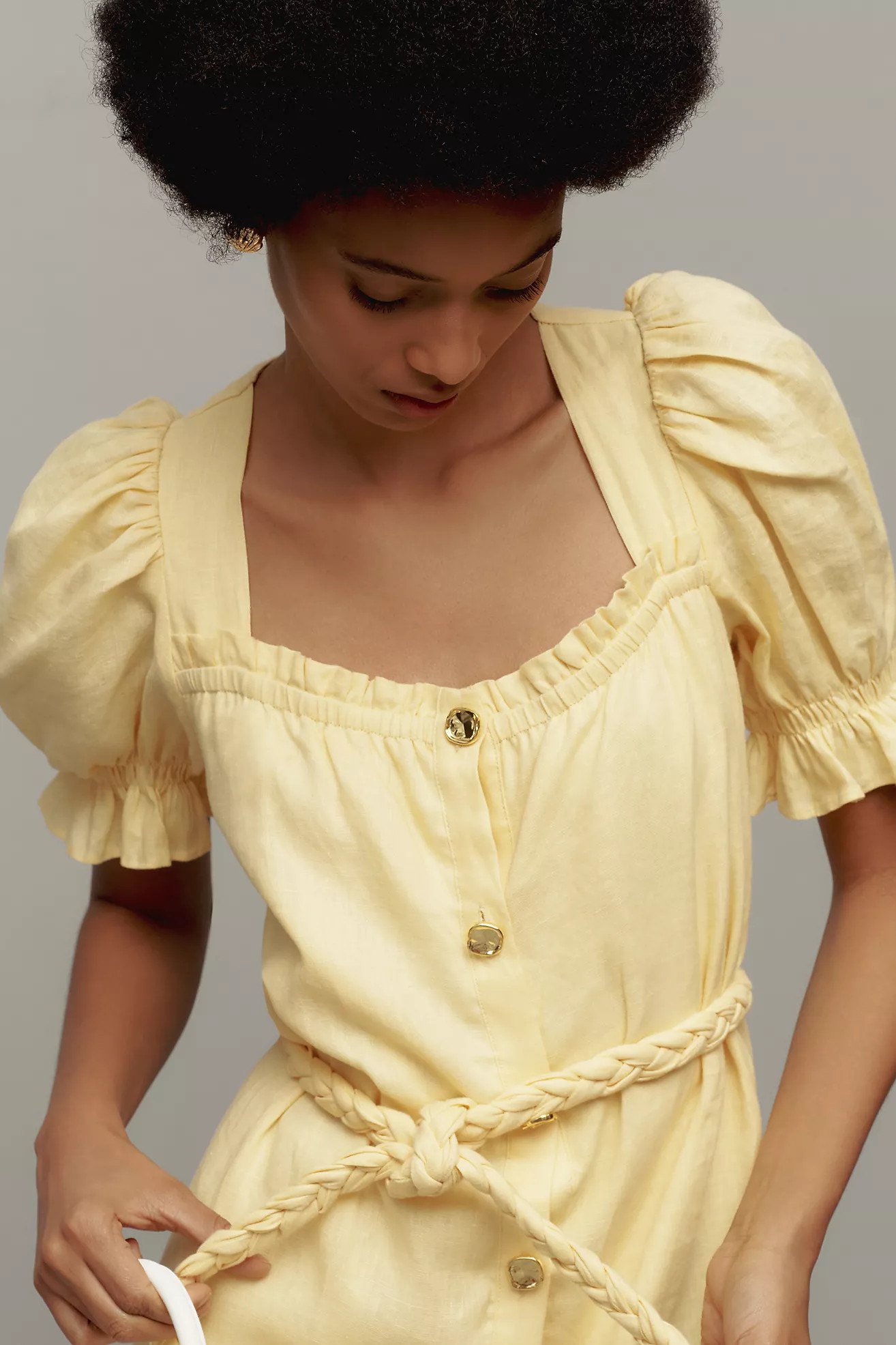 English Factory Puff-Sleeve Button-Front Linen Midi Dress | Anthropologie (US)