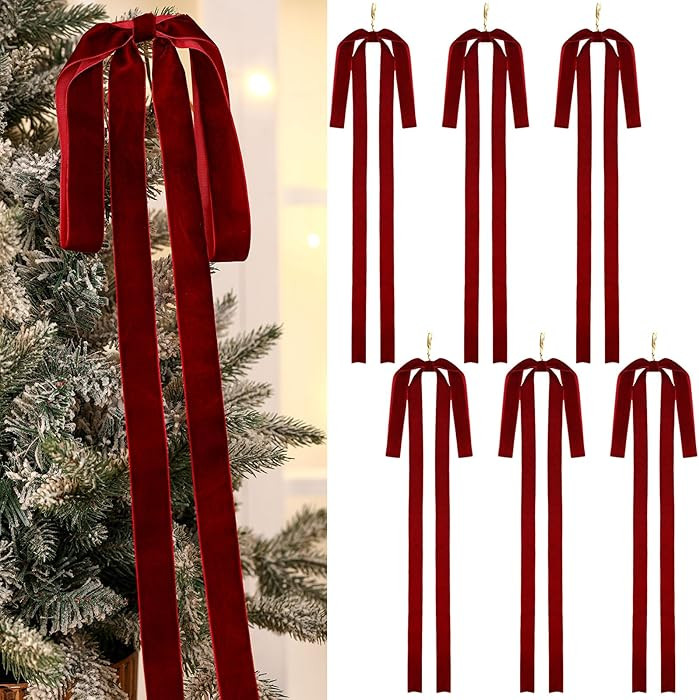 Janinka 6 Pcs Burgundy Long Velvet Bow Ornaments Christmas Swag 23.5x15.5 Inch Vintage Large Chri... | Amazon (US)