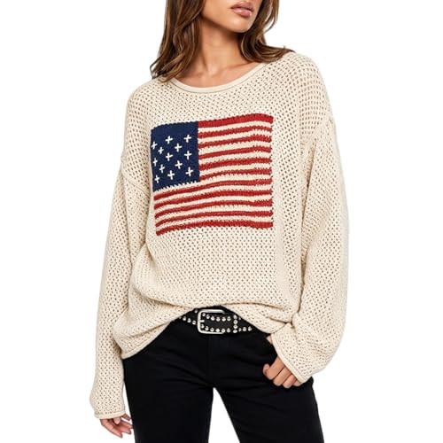 American Flag Sweater for Women Crochet Knit Long Sleeve USA Crewneck Sweatshirt Hollow Out 4th of July Sweater Tops (Beige,L) | Amazon (US)