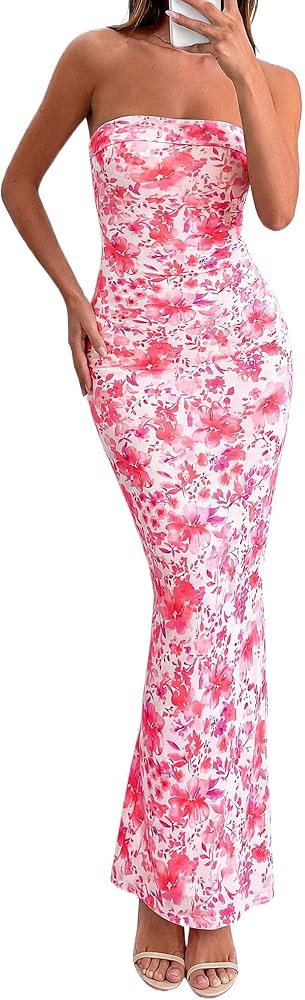 PRETTYGARDEN Bodycon Long Dresses for Women 2026 Strapless Tube Summer Floral Maxi Dress Sleevele... | Amazon (US)