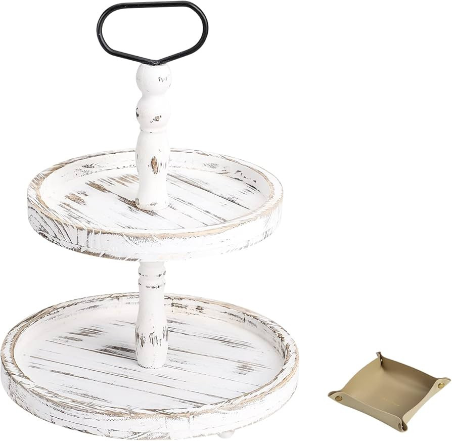Farmhouse Wooden Decorative Two Tiered Trays+ Pu Leather Tray,Wood 2 Tier Serving Tray Stand for ... | Amazon (US)