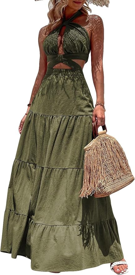 WDIRARA Women's Cut Out Crisscross Sleeveless Tie Backless Ruffle Hem A Line Summer Halter Dress | Amazon (US)
