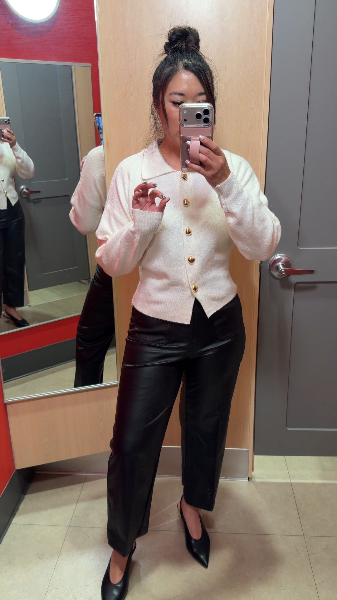 Target Holiday Outfit 
Heart Cardigan: Small
Faux Leather Crop Pants (looks like Anthro): 8 