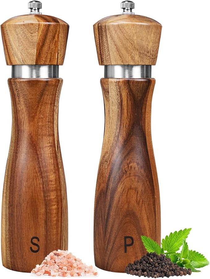 2 Pack Acacia Wood Salt and Pepper Grinder Set, Wooden Salt and Pepper Mill Set Salt and Pepper S... | Amazon (US)
