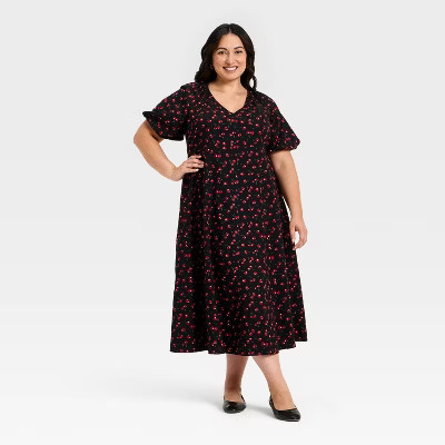 Women's Puff Short Sleeve Maxi Dress - Ava & Viv™ Black Cherries | Target