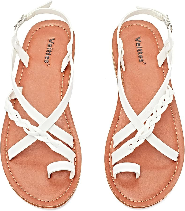 Veittes Women's Fashion Casual Flat Sandals, Solid Color, Round Toe, with Braided Ankle Strap, Bu... | Amazon (US)