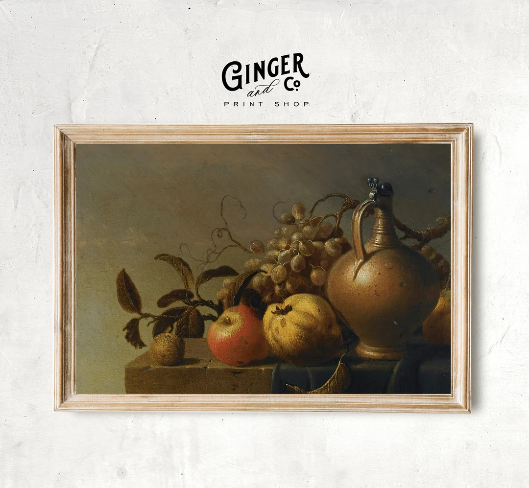 Still Life with Fruit -- Moody Vintage Oil Painting, Gicée Canvas Print, Peel and Stick, Framed ... | Etsy (US)